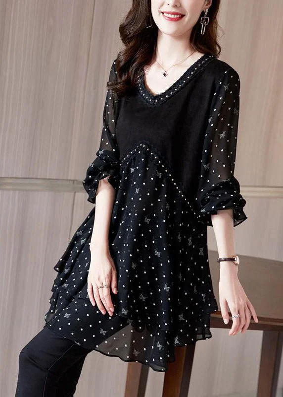 Beautiful Black V Neck Dot Patchwork layered design Chiffon Tops Long sleeve