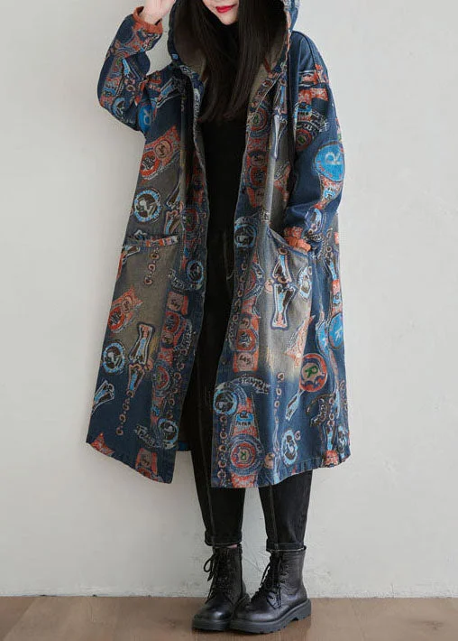 Casual Navy Hooded Patchwork Print Denim Cardigan Spring