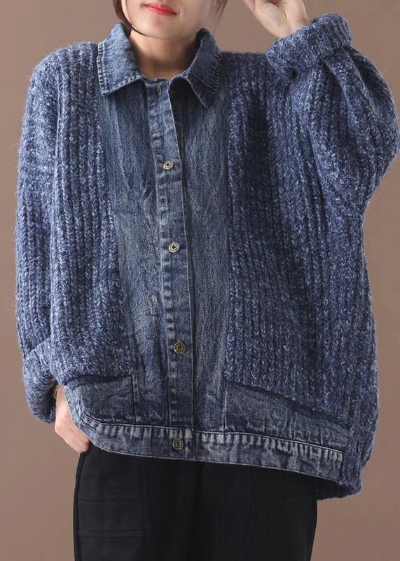 Women blue Sweater Blouse lapel collar oversize patchwork sweaters