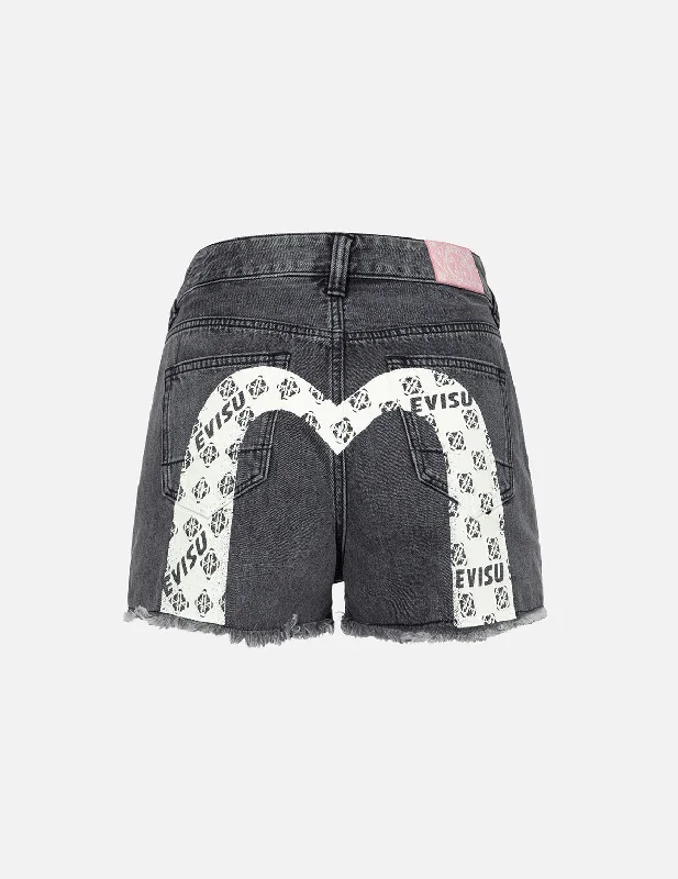 Logo with Kamon Allover Print Daicock Regular Fit Denim Shorts