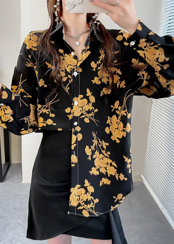 Beautiful Black Peter Pan Collar Button Print Chiffon Shirt Tops Spring