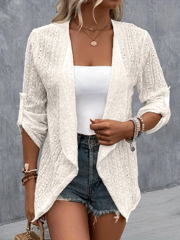 Eyelet Roll-Tab Sleeve Cardigan