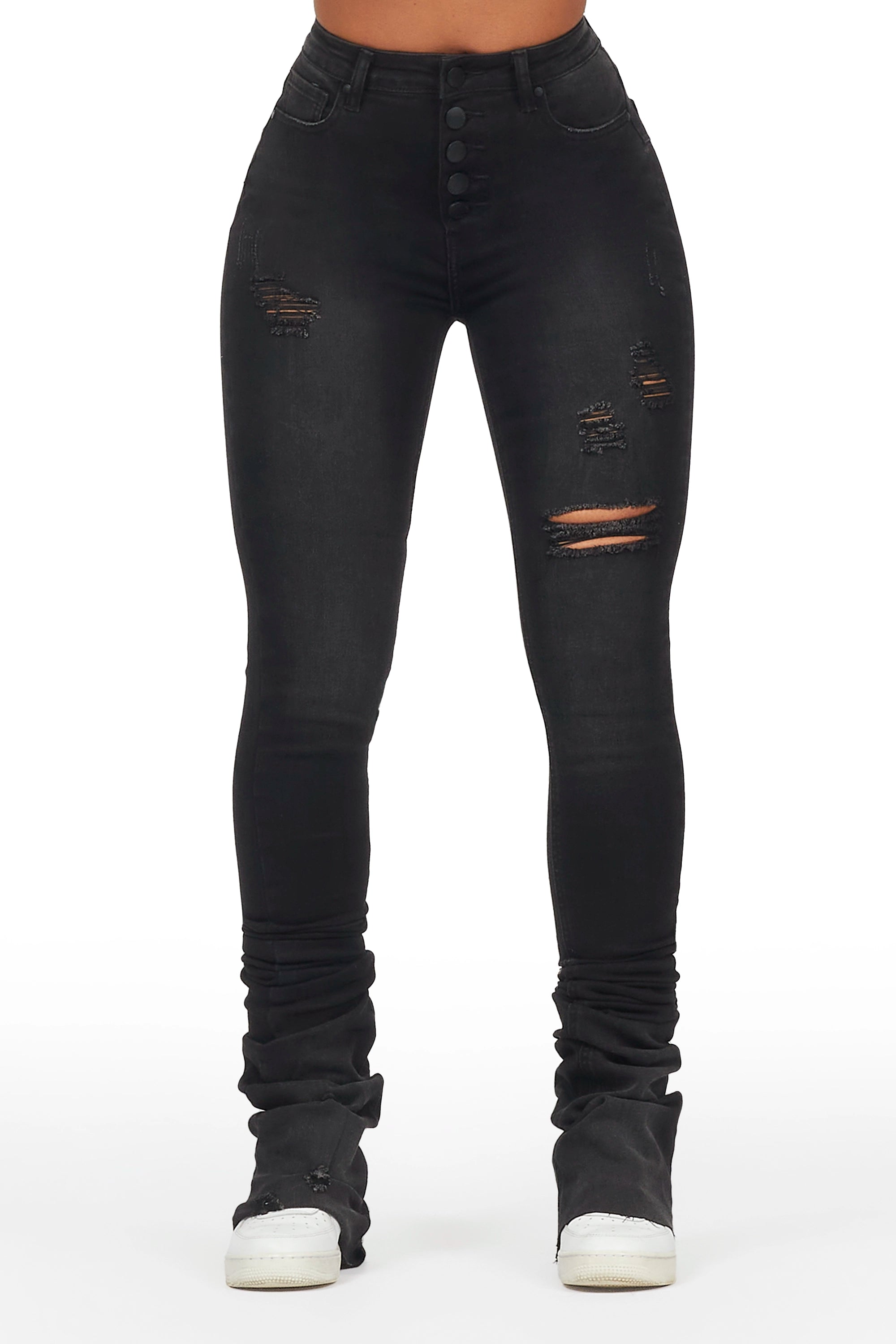 Malika Black Distressed Super Stacked Jean