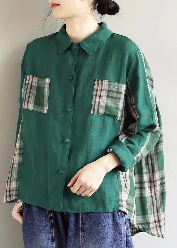 Beautiful Lapel Patchwork Spring Blouse Fabrics Green Plaid Shirts