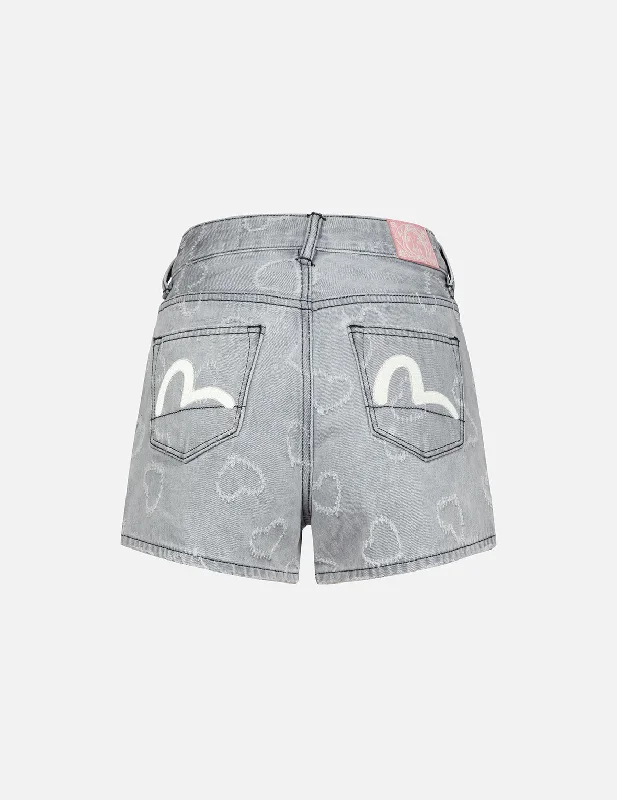 Seagull Embroidery and Allover Heart Fashion fit Denim Shorts