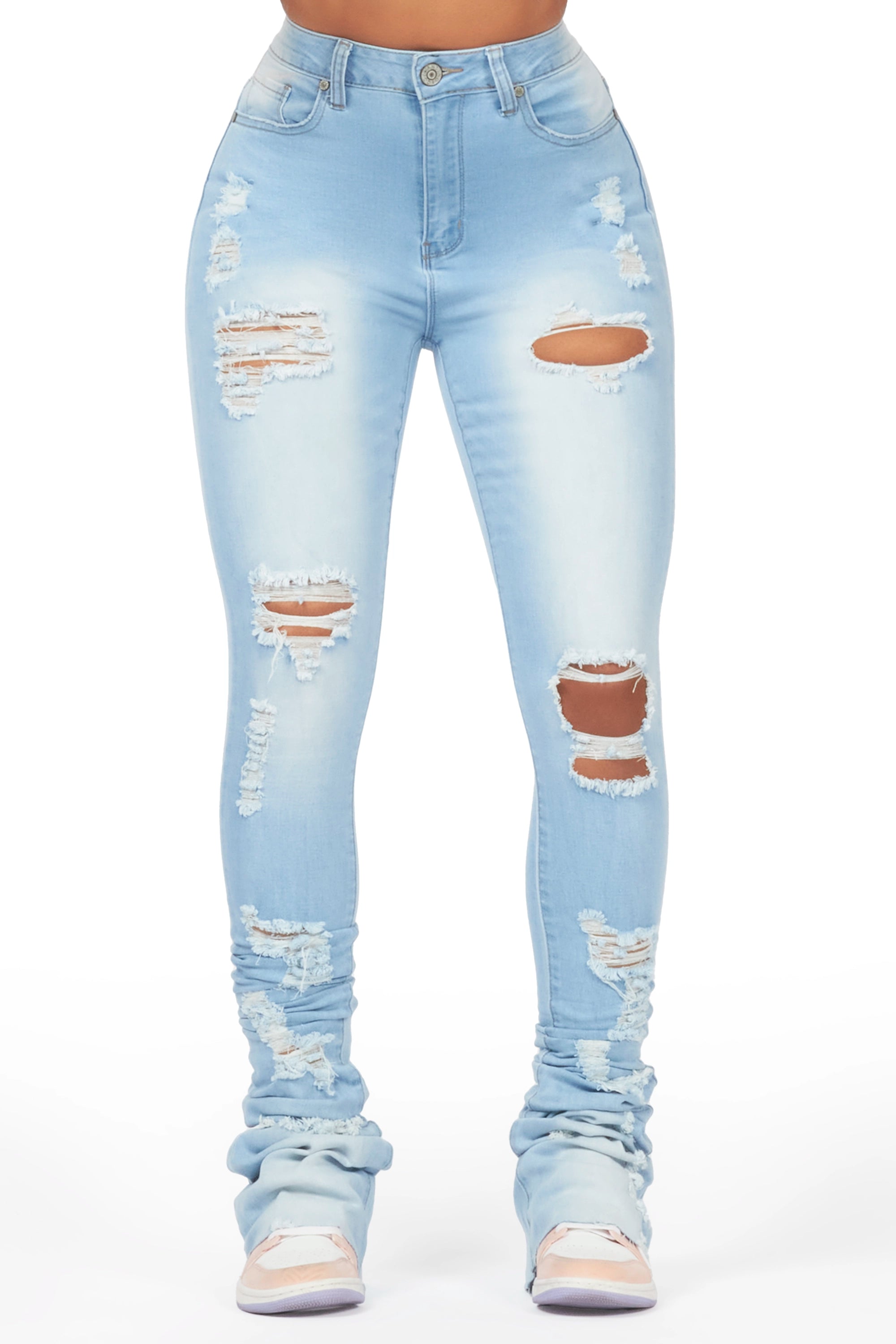 Zania Light Wash Distressed Super Stacked Jean