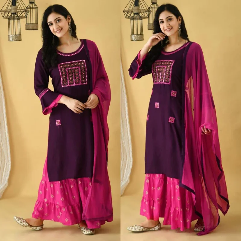 Purple Bell Sleeve Rayon Foil work Embroidered Sharara Suit