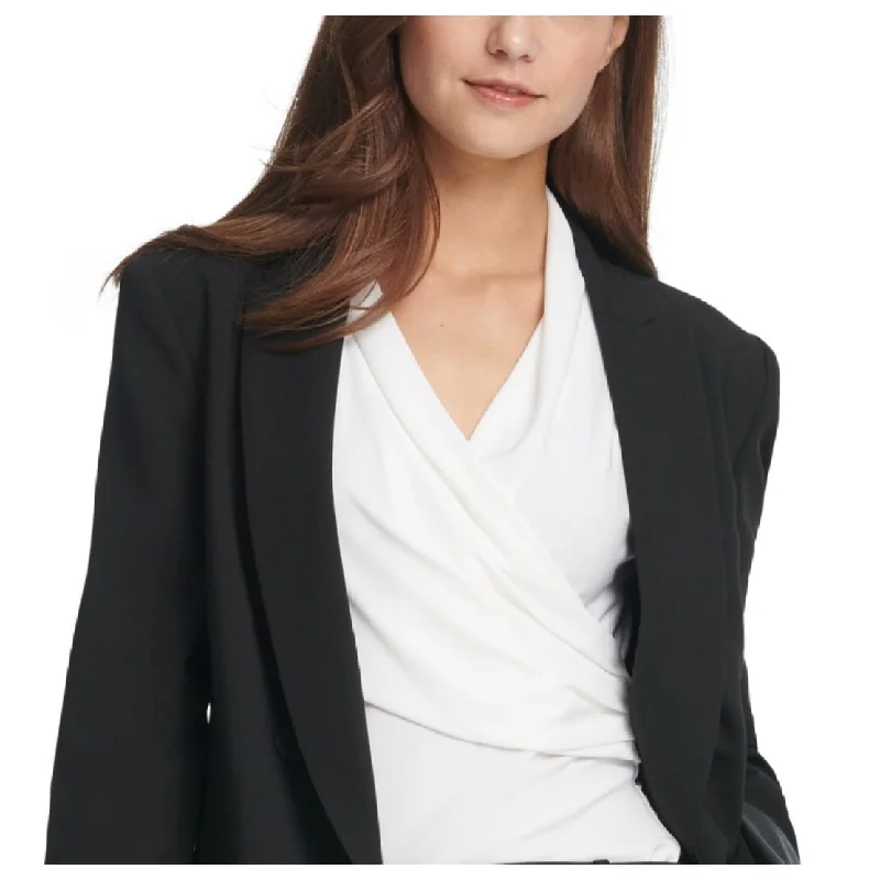 Dkny Women's Faux Leather Cuff Double Breasted Blazer Black Size 6