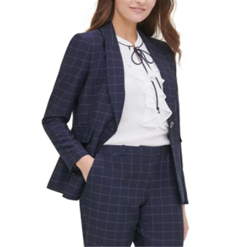 Tommy Hilfiger Women's Windowpane Print Single Button Blazer Blue Size 14