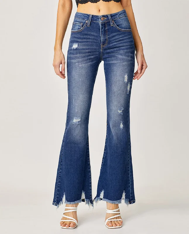 Risen High Rise Distressed Flare Jeans