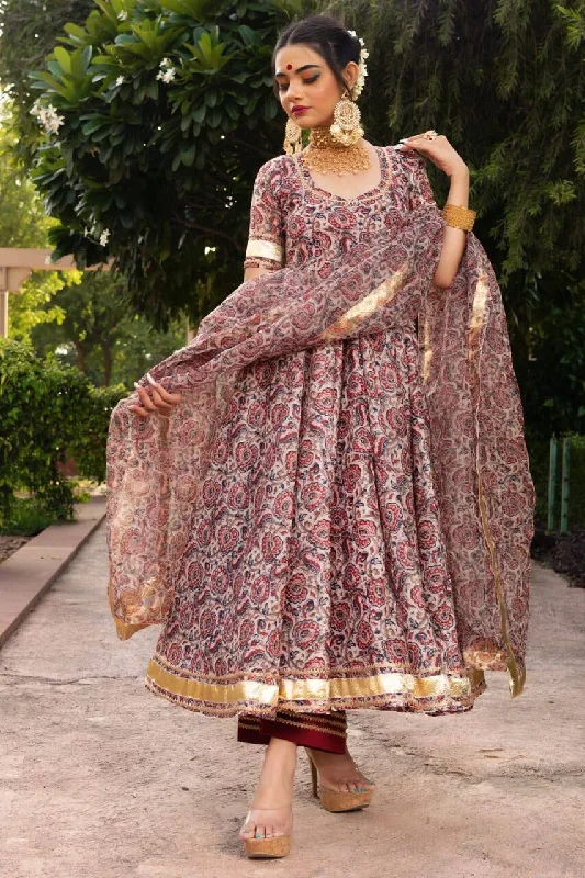 Hit Design Gotta patti work Printed Anarkali Kurti with Pant and Dupatta