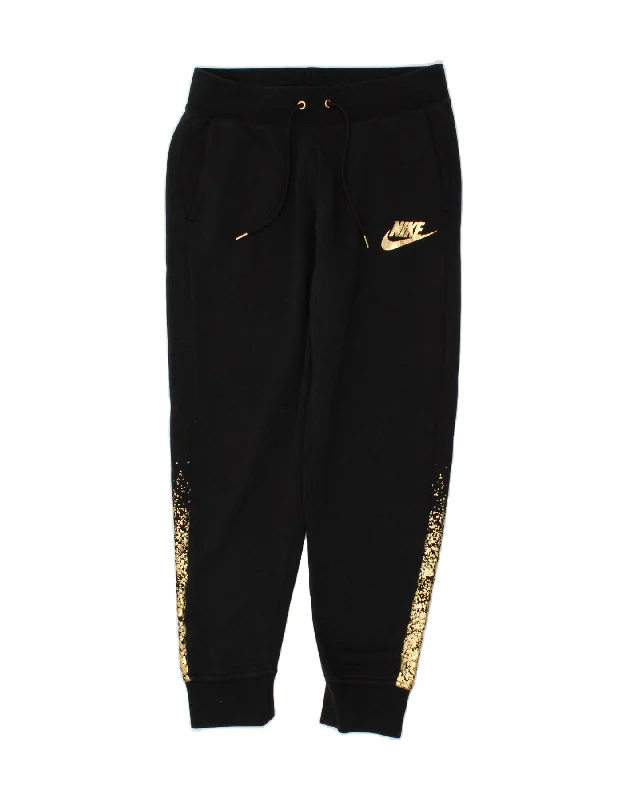 NIKE Womens Graphic Tracksuit Trousers Joggers UK 12 Medium Black Cotton