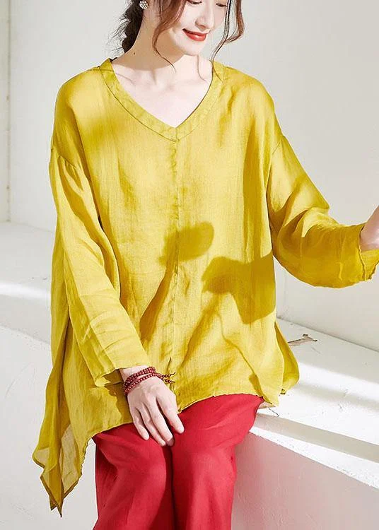 Beautiful Yellow Casual V Neck Asymmetrical Design Summer Ramie Shirt Long sleeve