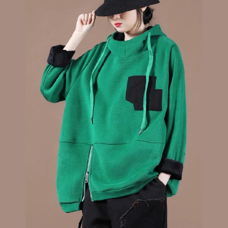 Beautiful green thick tops women blouses hooded patchwork oversized  shirts