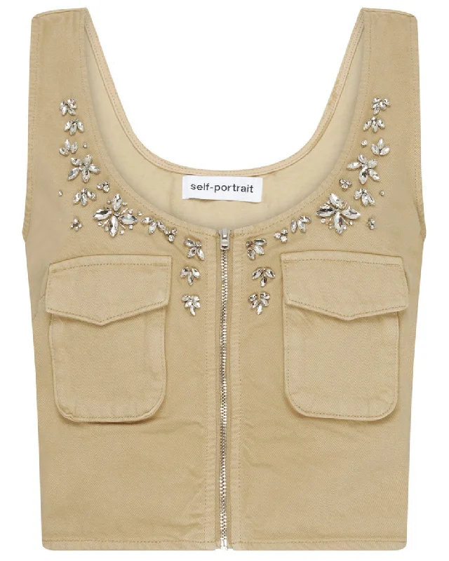 Beige Embellished Denim Cargo Top