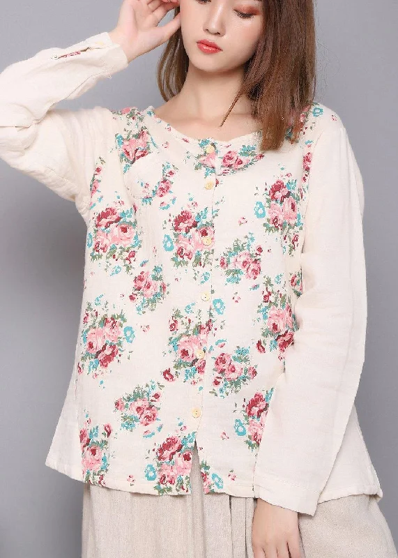 Beautiful White Print Linen Spring Top