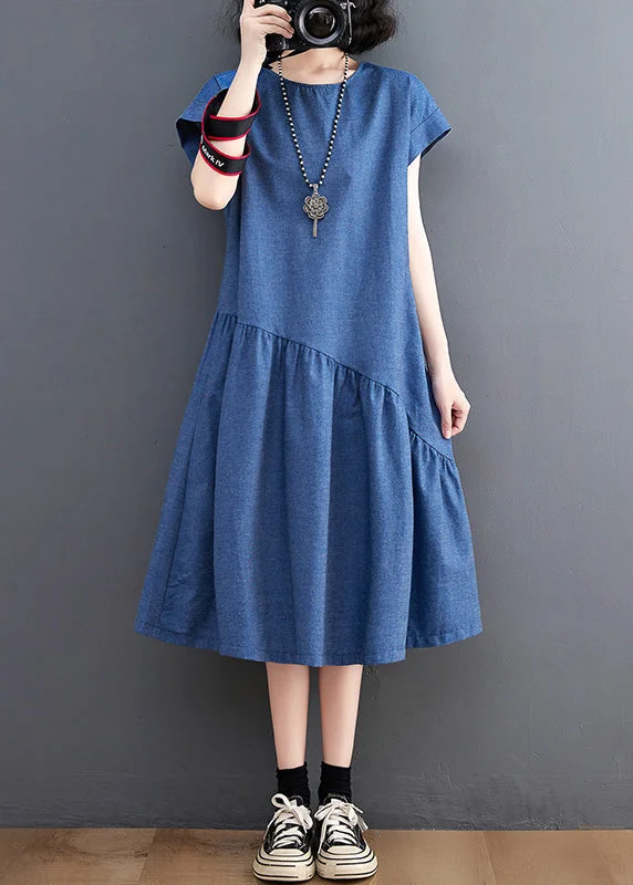 Elegant Blue O-Neck Patchwork Silk Denim Maxi Dress Summer