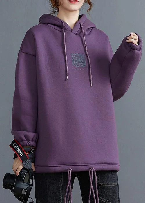 Beautiful purple tunic top hooded drawstring blouses