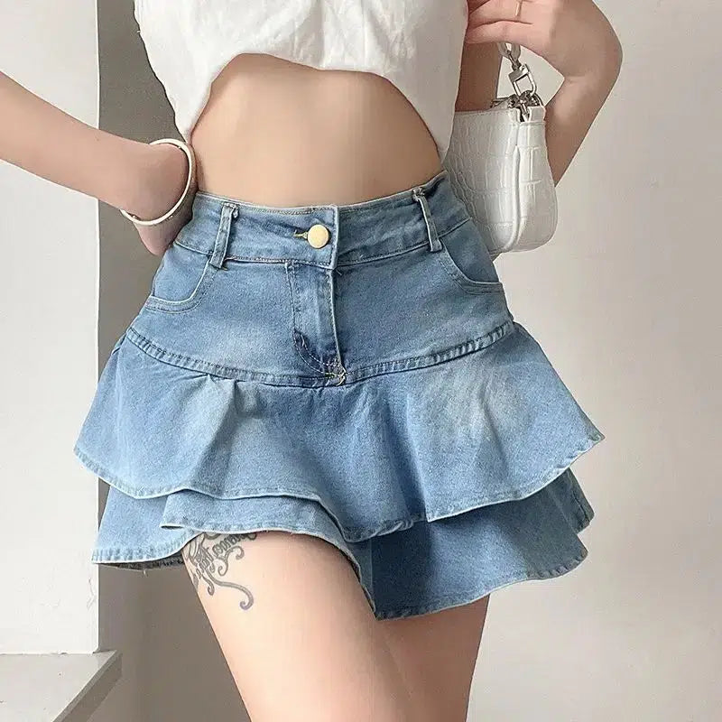 Layered Ruffled Denim Mini Skirt