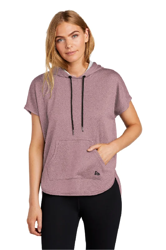 New Era Womens Performance Terry Short Sleeve Hooded Sweatshirt Hoodie w/ Pouch Pocket - Heather Dusty Mauve