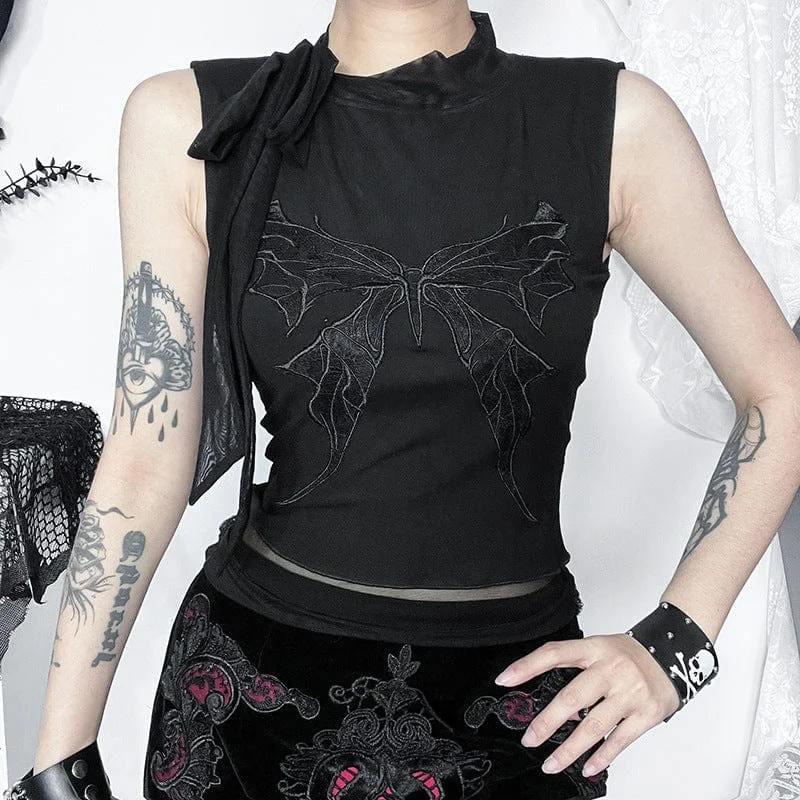 Women's Gothic Butterfly Embroidered Lace-up Tank Top