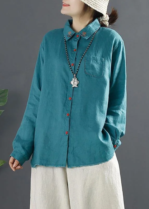 Beautiful Blue Blouses For Women Lapel Embroidery Baggy Blouse