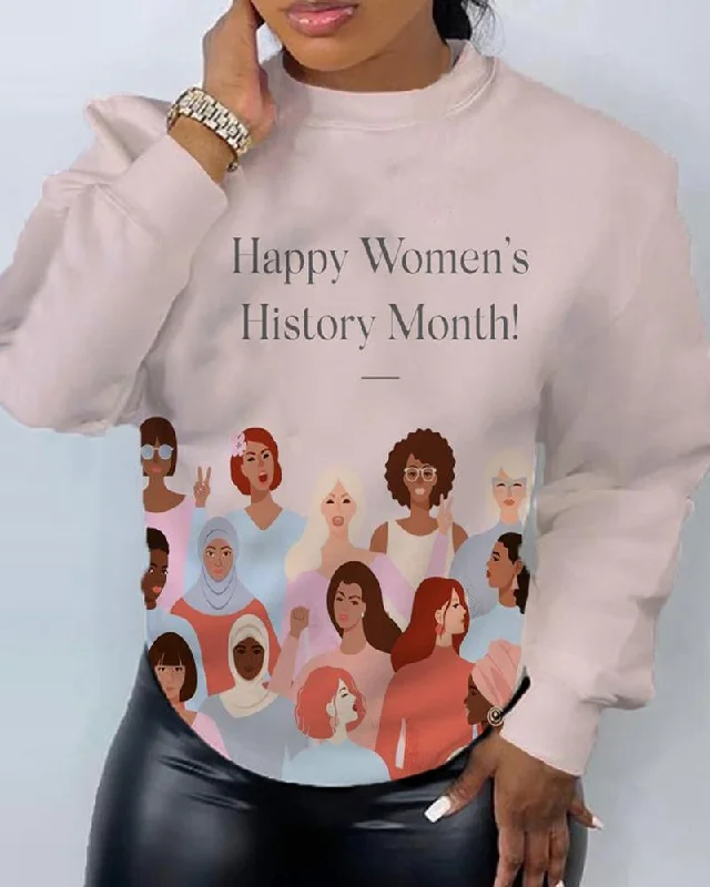 Black Women's Historical Month Printed Round Neck Long Sleeved Sweatshirts