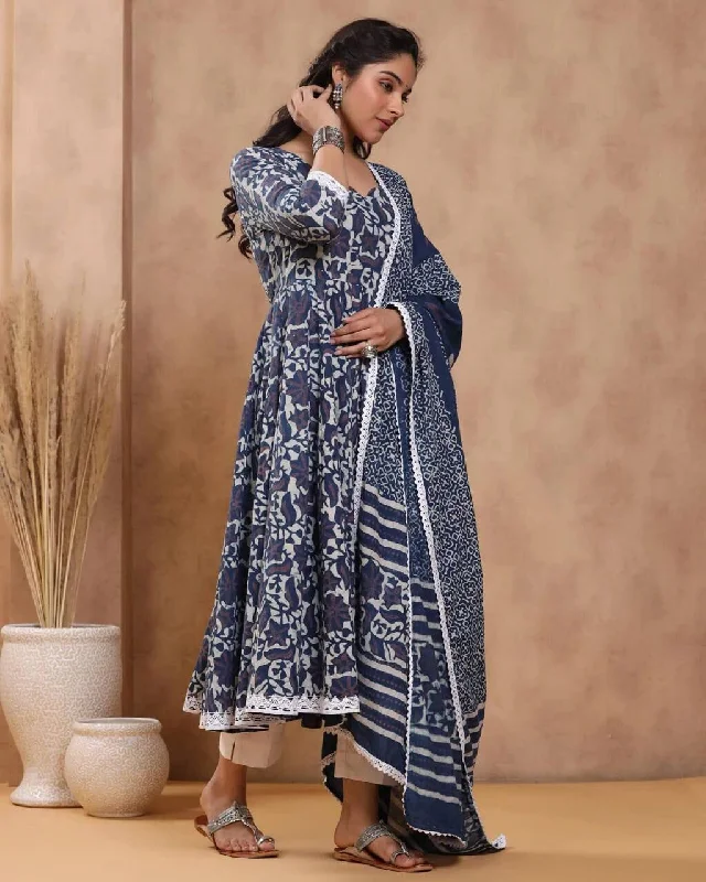 Indigo Printed Anarkali Kurti with Pant and Dupatta