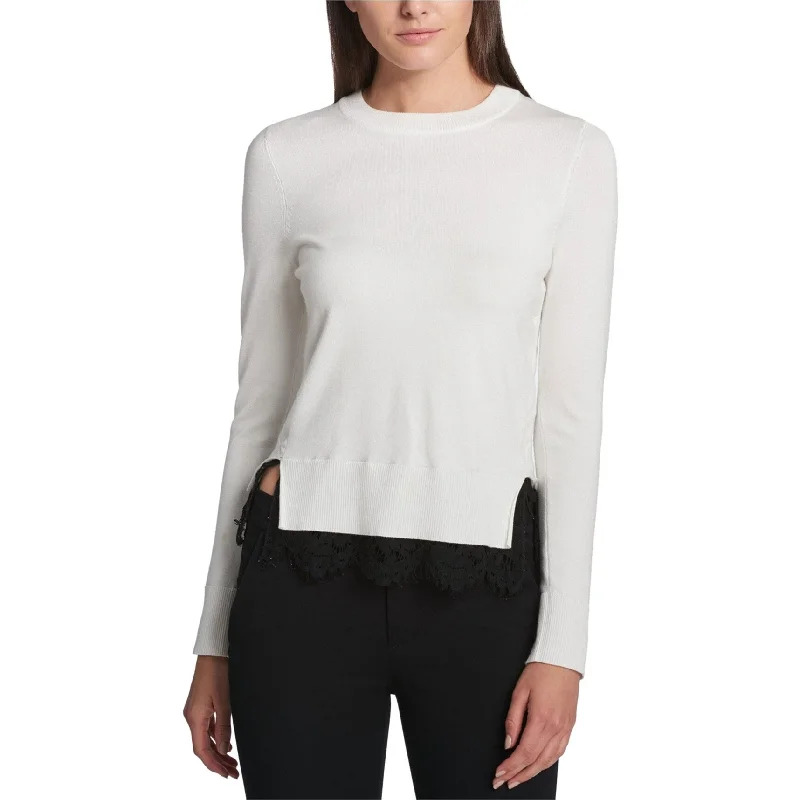 DKNY Womens Lace Trim Pullover Sweater, White, X-Large