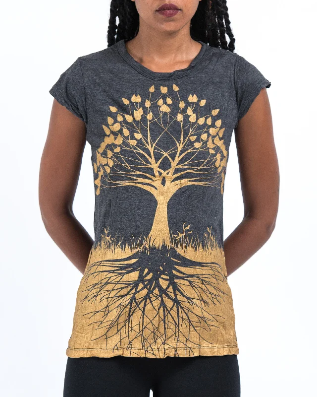 Womens Tree of Life T-Shirt in Gold on Black