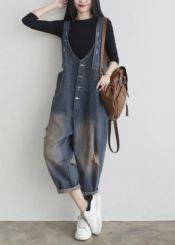 Boutique Dark Blue Patchwork Ripped Denim Jumpsuits Spring