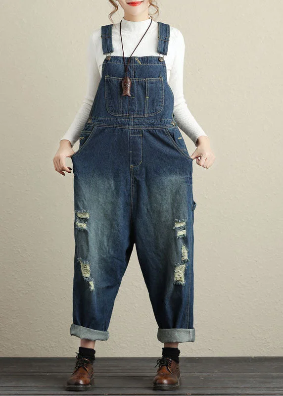 Baggy Navy Pockets Patchwork Denim Jumpsuits Spring