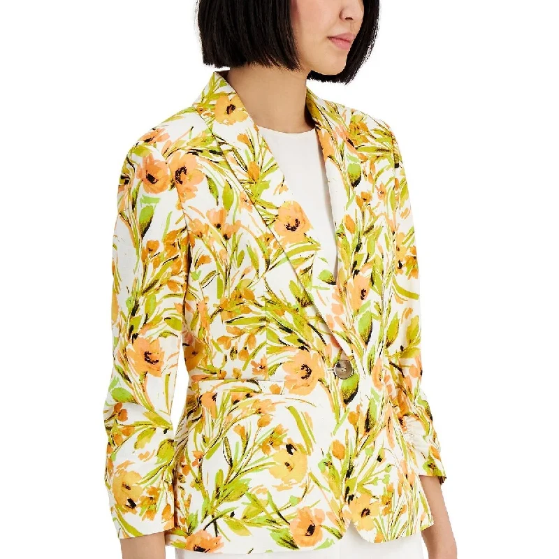 Kasper Women's Floral Linen Blend Shawl Collar Blazer Yellow Size 24