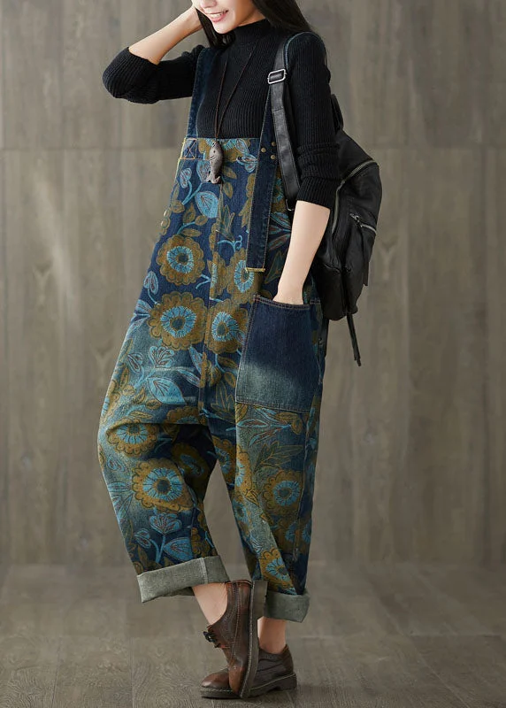 Loose Blue Patchwork Print Denim Wide Leg Jumpsuit Spring