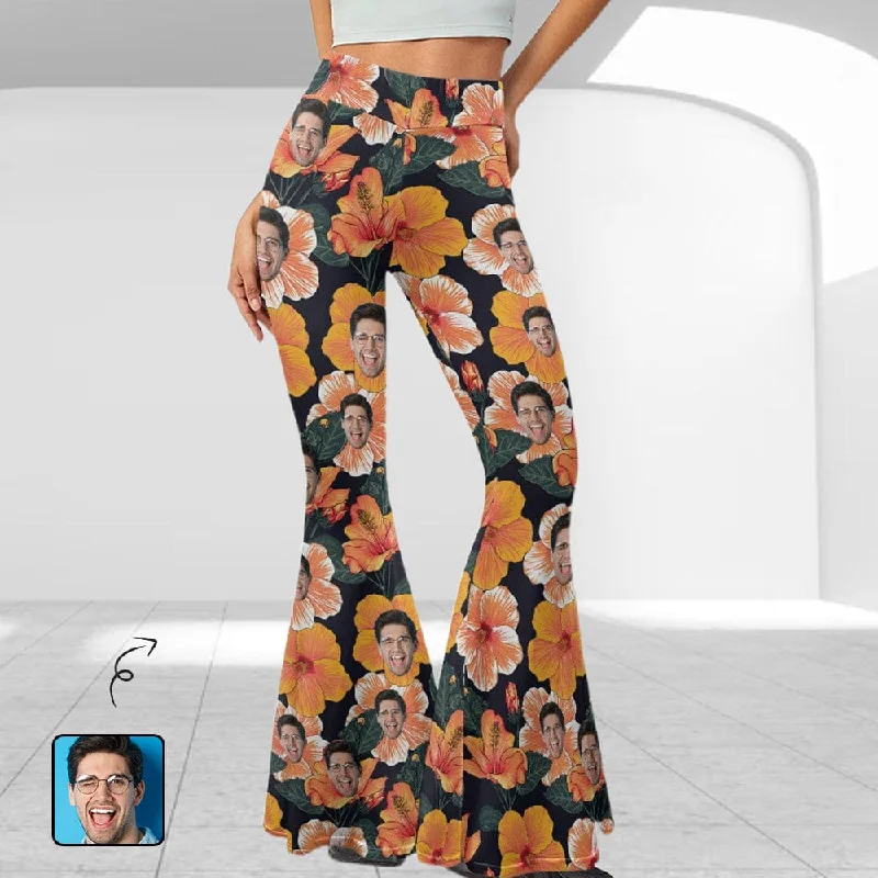 Custom Face Orange Flowers Flare Yoga Pants for Women Soft High Waist Bootcut Leggings