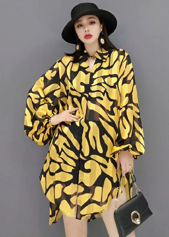 Beautiful Yellow Peter Pan Collar Print Side Open Chiffon Long Shirt Lantern Sleeve