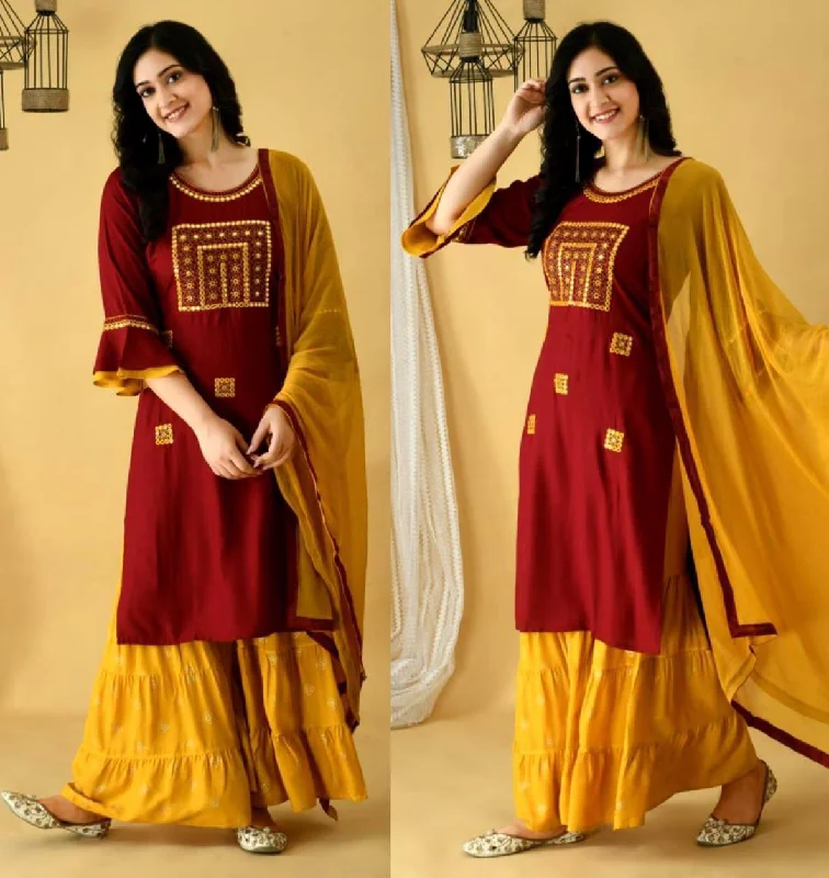 Maroon Bell Sleeve Rayon Foil work Embroidered Sharara Suit