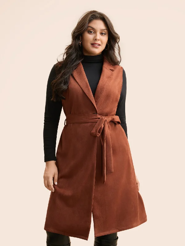 Suit Collar Faux Suede Belted Jacket