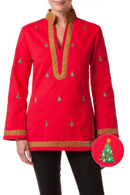 Tunic Top Stretch Twill Bright Red with Christmas Tree