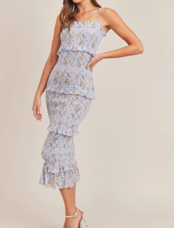 Asher Floral Smocked Midi Dress in Blue Floral