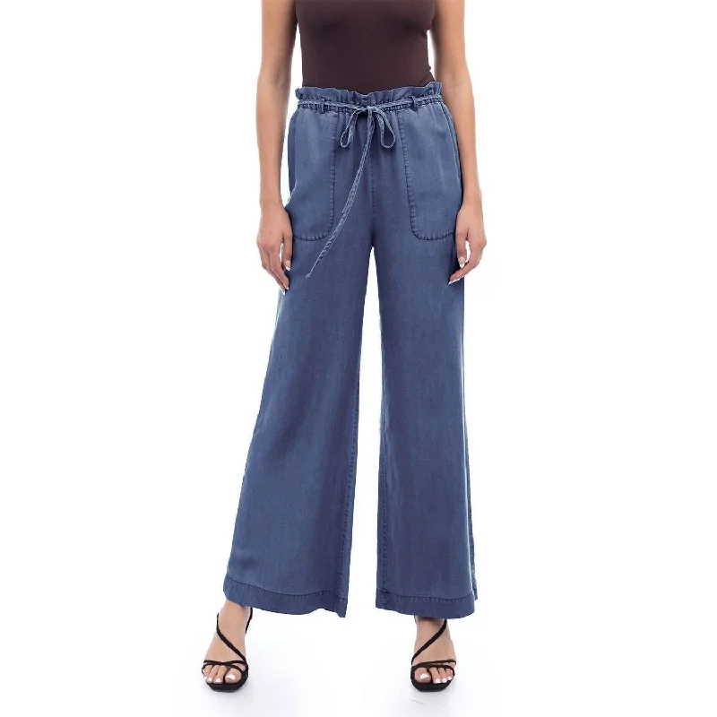 Frill Tie Waist Pants In Dark Blue