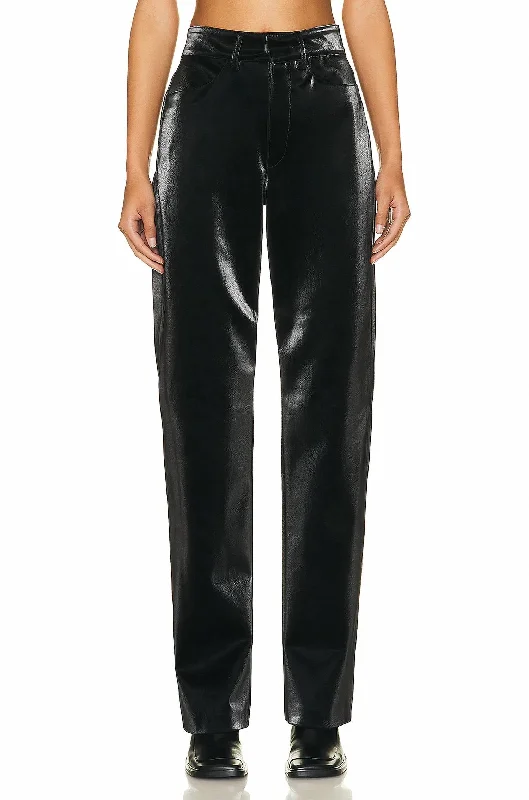 Satin Finish Vegan Leather Straight Leg Pant In Black