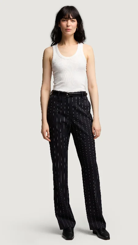 Straight Leg Trouser in Stretch Wool | Navy Pinstripe