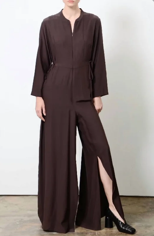 Tatiana Silk Wide Leg Jumpsuit In Espresso